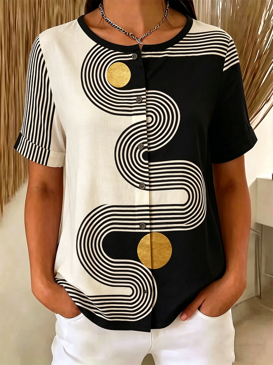 Elegant Loose Striped Crew Neck Shirt