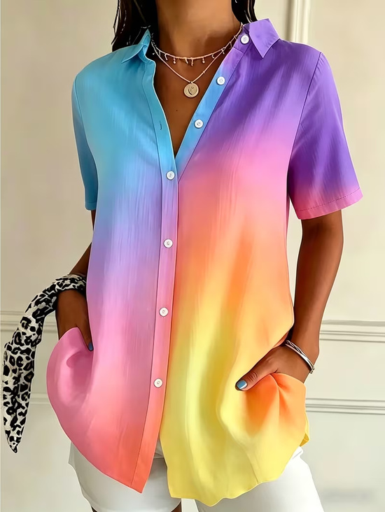 Women's Short Sleeve Shirt Summer As Picture Ombre Printing Shirt Collar Daily Going Out Casual Top