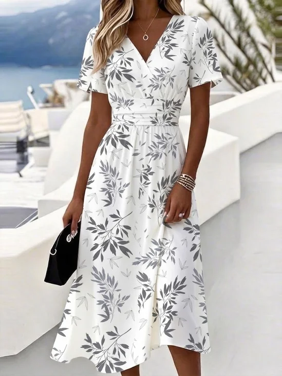 Regular Fit V Neck Elegant Leaf Dress With No