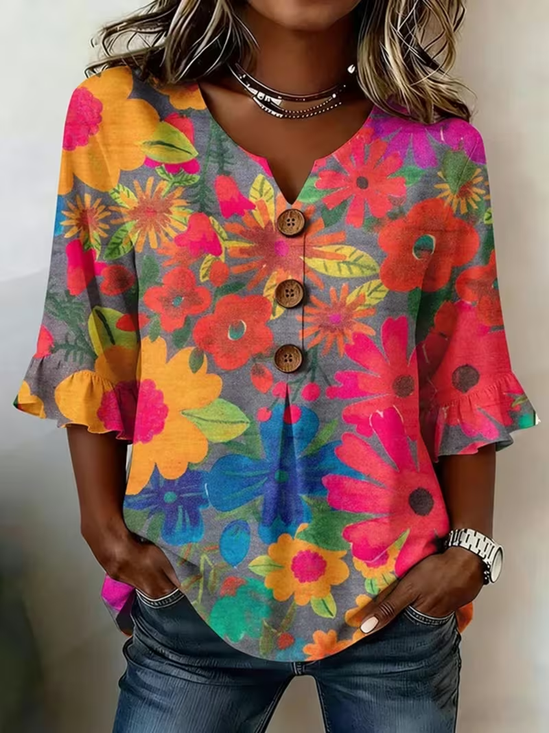 Women's Half Sleeve Blouse Summer As Picture Floral Printing V Neck Daily Going Out Vintage Top