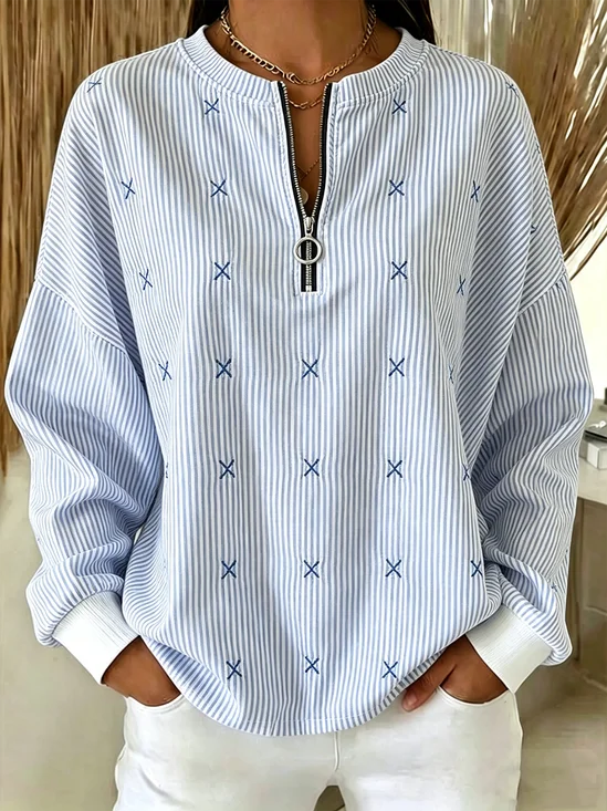 Crew Neck Loose Striped Simple Sweatshirt