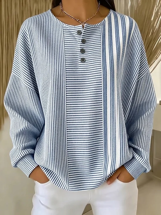 Blue & White Asymmetrical Stripe Panel Print Long Sleeve Henley Neck Casual Sweatshirt