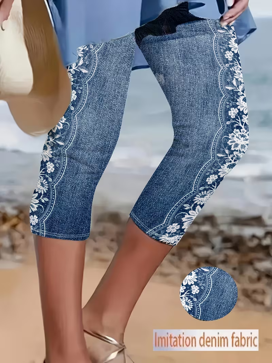 Women's  Elastic Waist H-Line Leggings Daily Going Out Pants Blue Casual Printing Floral Summer Pants