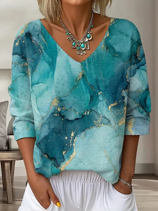 Loose V Neck Casual Chevron T-Shirt