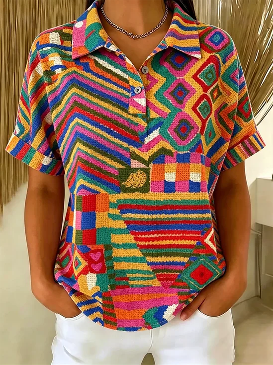Loose Geometric Vintage Polo Collar T-Shirt