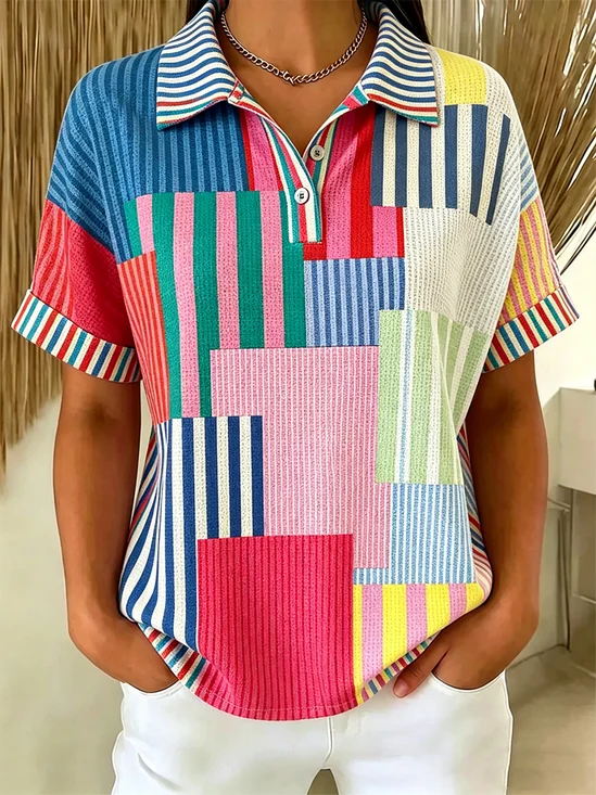 Polo Collar Loose Geometric Casual T-Shirt