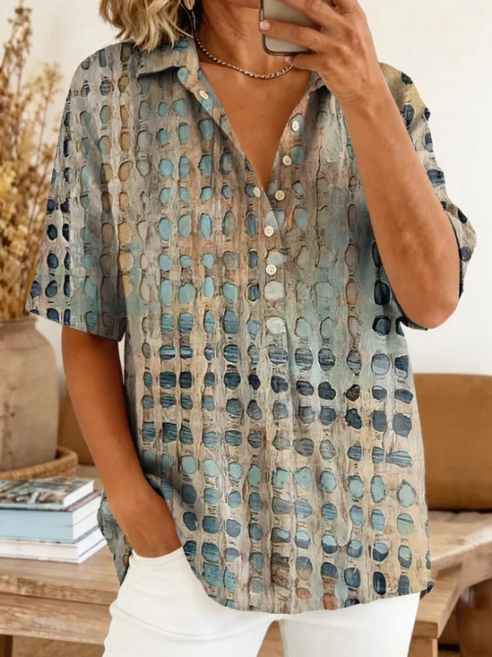 Women's Short Sleeve Shirt Summer As Picture Abstract Printing Shirt Collar Daily Going Out Casual Top
