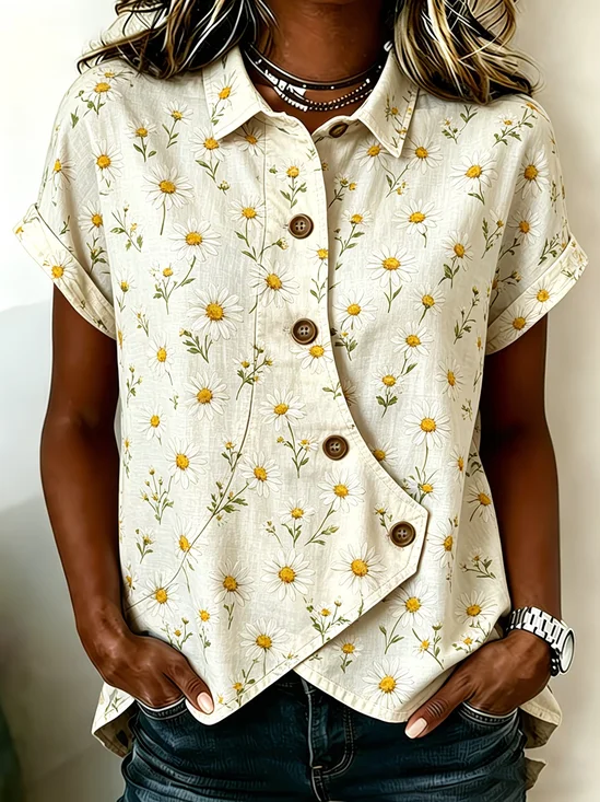 Women's Short Sleeve Shirt Summer Apricot Floral Printing Shawl Collar Daily Going Out Vintage Top