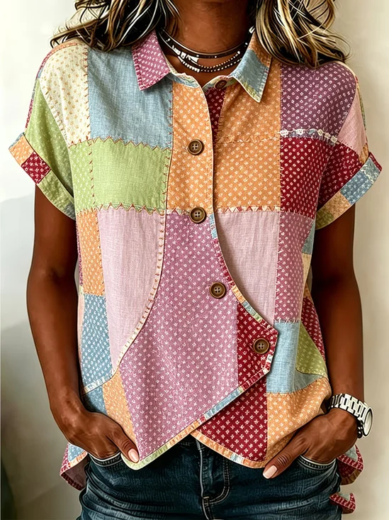 Women's Short Sleeve Shirt Summer As Picture Abstract Printing Shawl Collar Daily Going Out Vintage Top