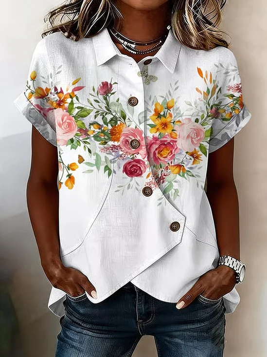 Women's Short Sleeve Shirt Summer White Floral Buckle Shawl Collar Daily Going Out Vintage Top