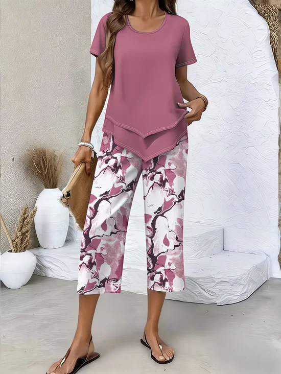 Women's Printing Abstract Daily Going Out Two-Piece Set Fuchsia Casual Summer Top With Pants Matching Set