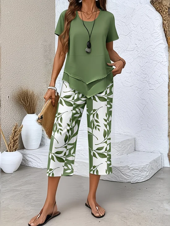 Women's Printing Floral Daily Going Out Two-Piece Set Green Casual Summer Top With Pants Matching Set