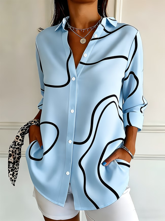 Women's Long Sleeve Shirt Spring/Fall Blue Abstract Buckle Shirt Collar Regular Sleeve Daily Going Out Casual Top