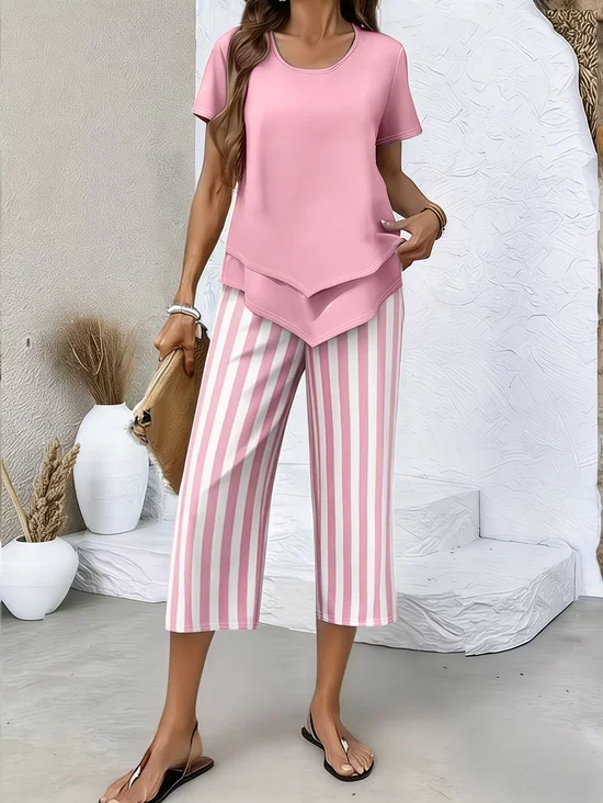 Women's Printing Striped Daily Going Out Two-Piece Set Pink Casual Summer Top With Pants Matching Set