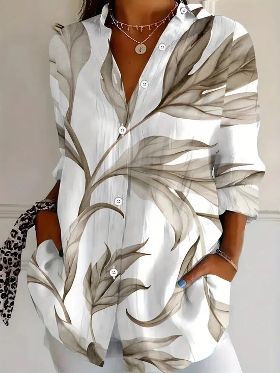 Women's Long Sleeve Shirt Spring/Fall White Plants Buckle Shirt Collar Regular Sleeve Daily Going Out Casual Top