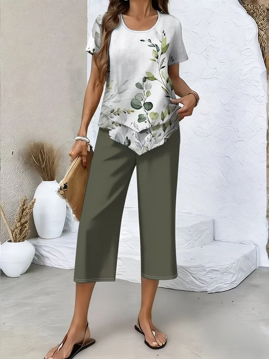 Women's Printing Floral Daily Going Out Two-Piece Set Green Casual Summer Top With Pants Matching Set