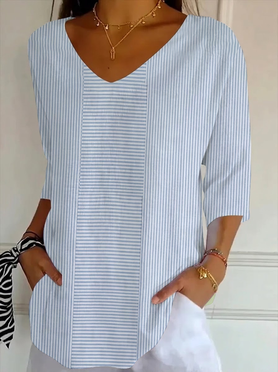 Women's Three Quarter Sleeve T-shirt Spring/Fall Blue Striped Printing V Neck Daily Going Out Casual Top