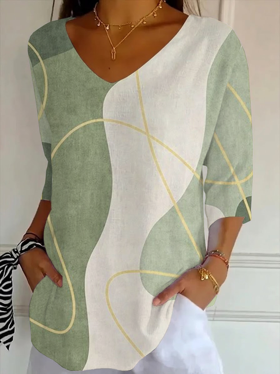 Women's Three Quarter Sleeve T-shirt Spring/Fall Green Abstract Printing V Neck Daily Going Out Casual Top