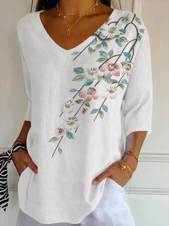 Women's Three Quarter Sleeve T-shirt Spring/Fall White Floral Printing V Neck Daily Going Out Casual Top