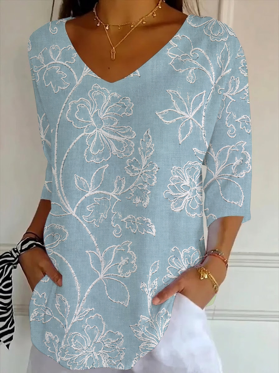 Women's Three Quarter Sleeve T-shirt Spring/Fall Blue Floral Printing V Neck Daily Going Out Casual Top