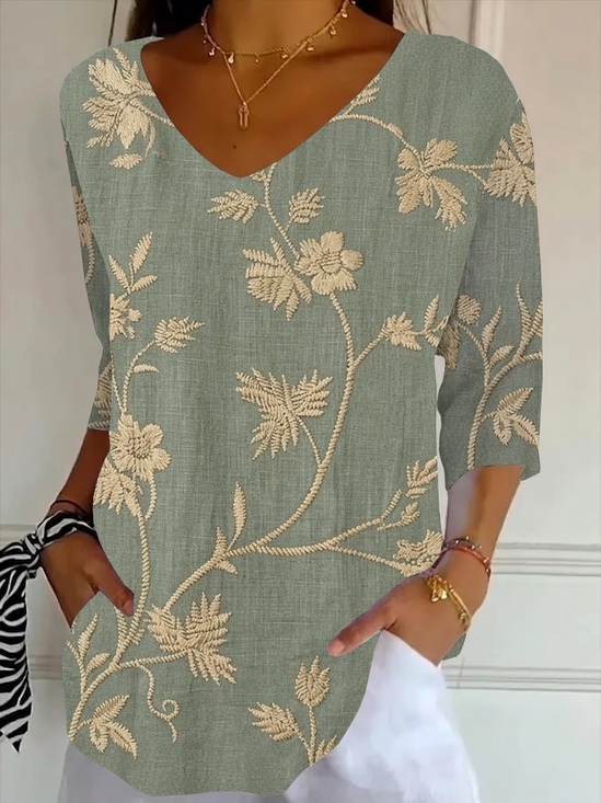 Women's Three Quarter Sleeve T-shirt Spring/Fall Green Floral Printing V Neck Daily Going Out Casual Top