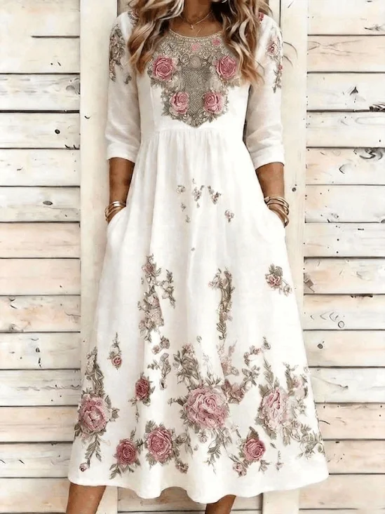 Rose Floral Print Casual A-Line Maxi Dress with Pockets