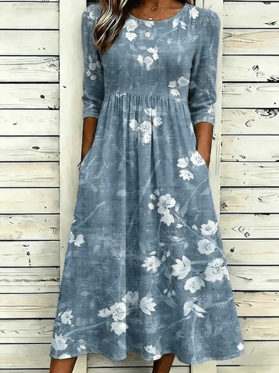 Branch Floral Print Round Neck 3/4 Sleeve A-Line Maxi Dress