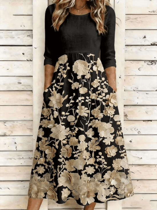 Women's Floral Print 3/4 Sleeve Round Neck A-Line Maxi Dress with Pockets