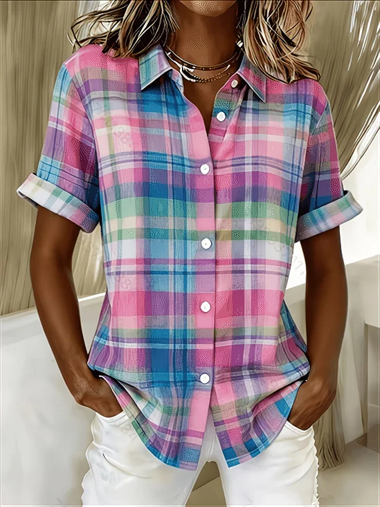 Women's Short Sleeve Shirt Summer As Picture Plaid Printing Shirt Collar Daily Going Out Casual Top