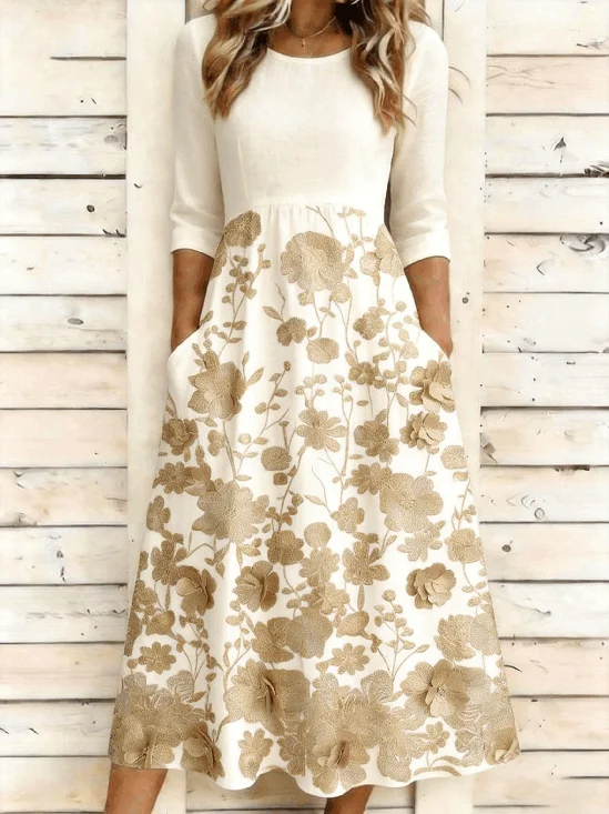 Women's Floral Print 3/4 Sleeve Round Neck A-Line Maxi Dress with Pockets