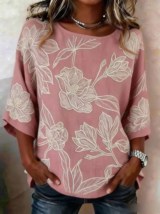 Women's Half Sleeve Blouse Summer Pink Floral Printing Crew Neck Daily Going Out Vintage Top