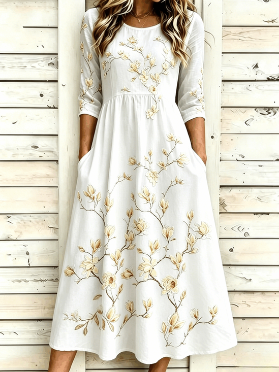 Women's Light Blue Floral Print Maxi Dress Round Neck 3/4 Sleeve Casual A-Line Dress with Pockets