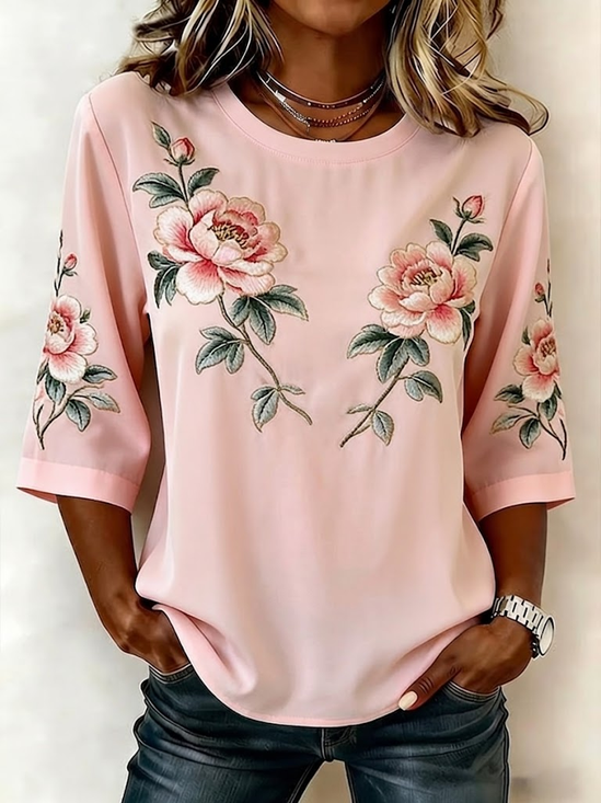 Women's Half Sleeve Blouse Summer Pink Floral Printing Crew Neck Daily Going Out Vintage Top