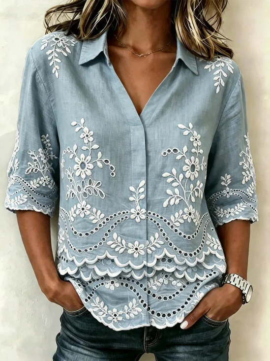 Women's Light Blue Floral Print Blouse Collared Short Sleeve Casual Loose Top