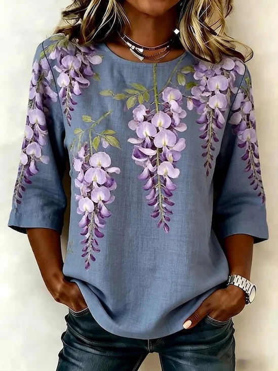Women's Half Sleeve Blouse Summer Blue Purple Floral Printing Crew Neck Daily Going Out Vintage Top