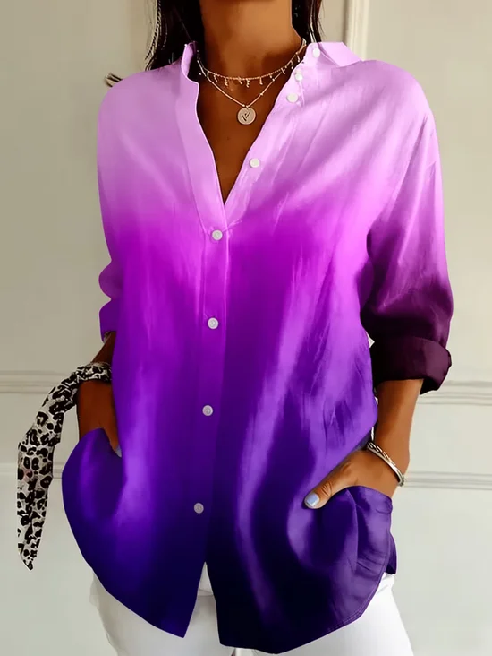 Women's Long Sleeve Shirt Spring/Fall Purple Ombre Buckle Shirt Collar Regular Sleeve Daily Going Out Casual Top