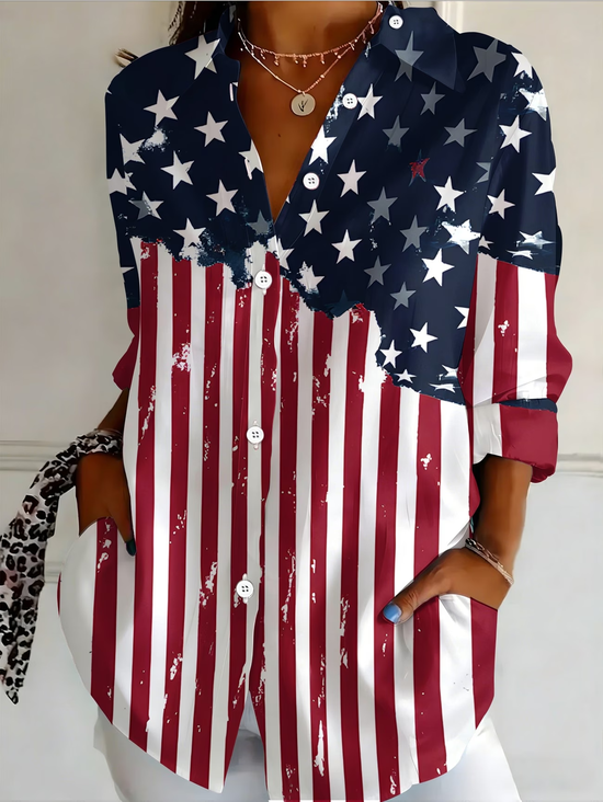 Women's Long Sleeve Shirt Spring/Fall As Picture Independence Day (Flag) Buckle Shirt Collar Regular Sleeve Daily Going Out Casual Top