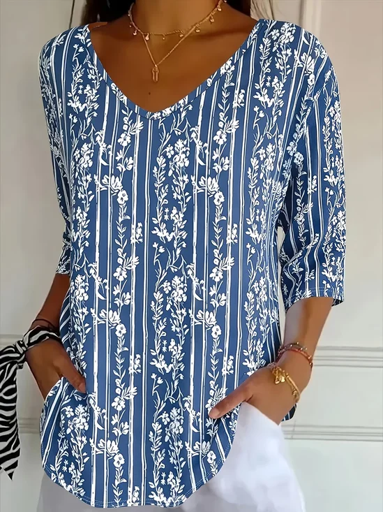Women's Three Quarter Sleeve T-shirt Spring/Fall Blue Floral Printing V Neck Daily Going Out Casual Top