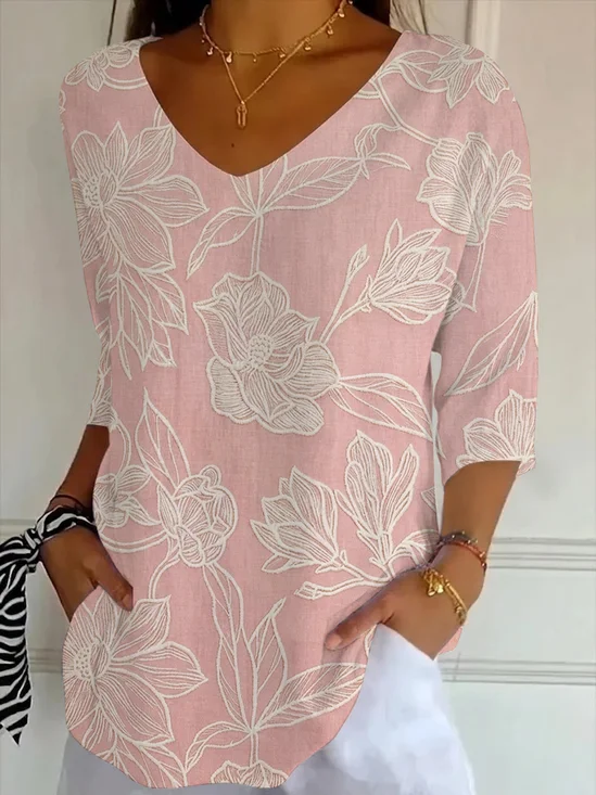 Women's Three Quarter Sleeve T-shirt Spring/Fall Pink Floral Printing V Neck Daily Going Out Casual Top