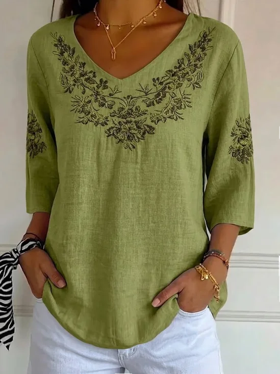 Women's Three Quarter Sleeve T-shirt Spring/Fall Green Floral Printing V Neck Daily Going Out Casual Top