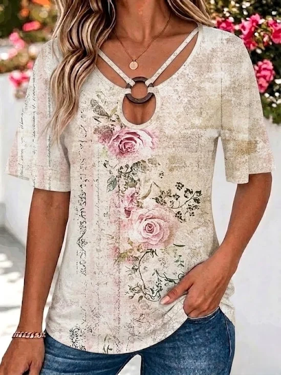 Loose Floral Casual Crew Neck T-Shirt