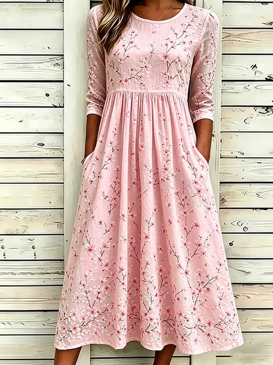 Women's Half Sleeve Summer Pink Floral Printing Crew Neck Daily Going Out Casual Maxi H-Line Dress