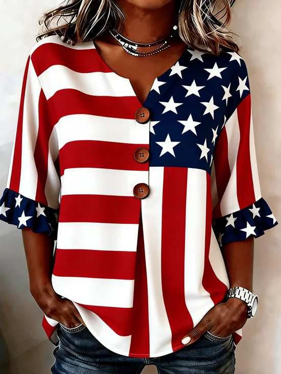 Women's Half Sleeve Blouse Summer As Picture Independence Day (Flag) Printing V Neck Daily Going Out Vintage Top
