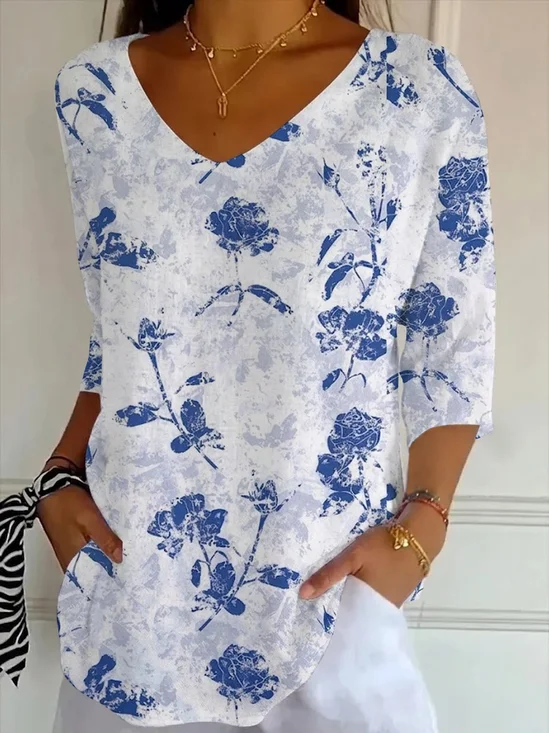 Women's Three Quarter Sleeve T-shirt Spring/Fall Blue Floral Printing V Neck Daily Going Out Casual Top