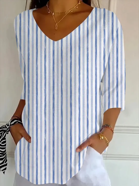 Women's Three Quarter Sleeve T-shirt Spring/Fall Blue Striped Printing V Neck Daily Going Out Casual Top
