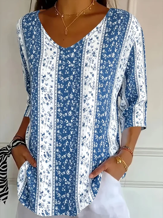 Women's Three Quarter Sleeve T-shirt Spring/Fall Blue Floral Printing V Neck Daily Going Out Casual Top