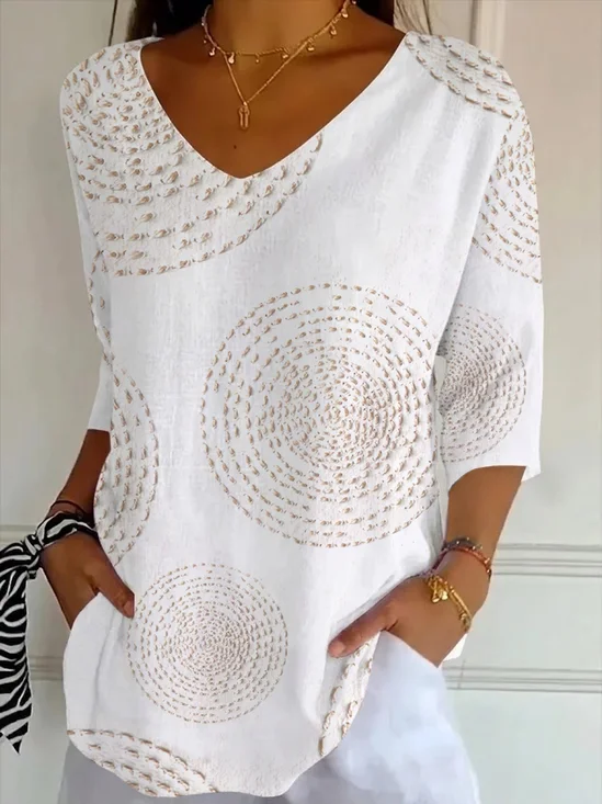 Women's Three Quarter Sleeve T-shirt Spring/Fall White Abstract Printing V Neck Daily Going Out Casual Top
