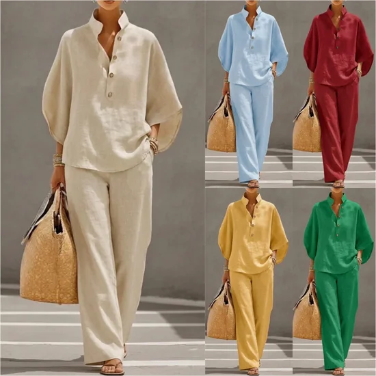 Cotton Blend Stand Collar Short Sleeve Button Top With Pants Casual Two-Piece Set