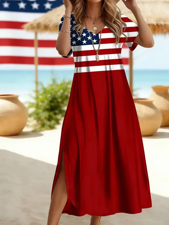 Women's Short Sleeve Summer Red Independence Day (Flag) Printing Crew Neck Daily Going Out Casual Maxi H-Line T-Shirt Dress Dress