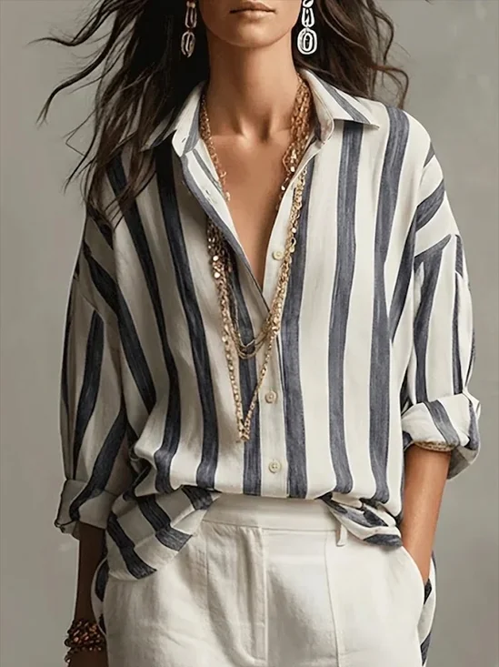 Women's Long Sleeve Shirt Spring/Fall Blue Striped Buckle Shirt Collar Regular Sleeve Daily Going Out Casual Top